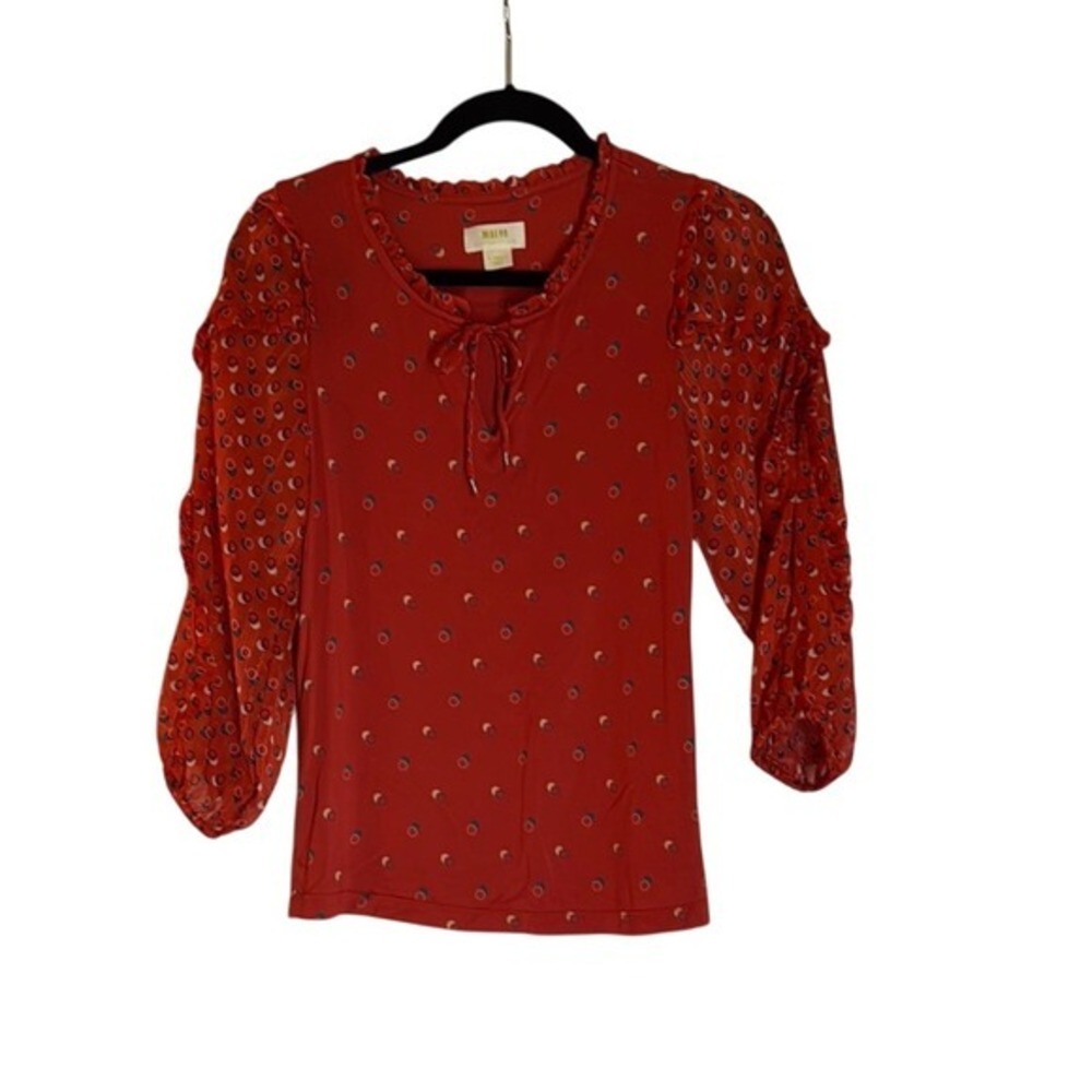 Maeve Anthropologie Red Geometric Ruffle‎ Tie Neck Long Sleeve Blouse XS